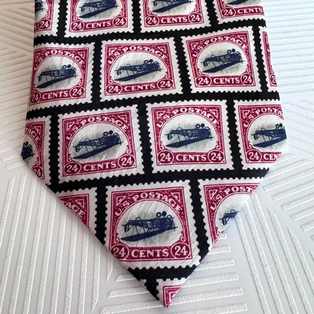 Vintage Museum Artifacts Jenny Airplane 24 Stamp Silk Neck Tie Inverted